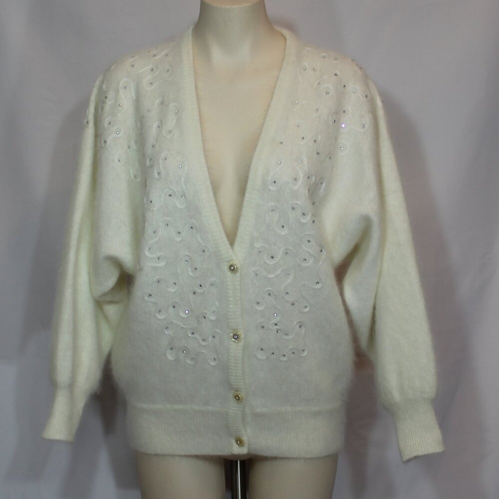 VTG Santini Angora Blended cream cardigan  women V-neck embraided size Medium